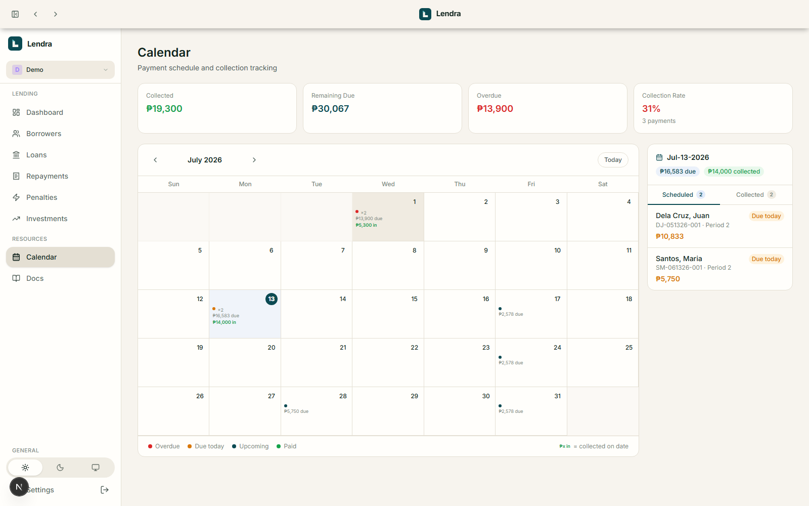 Lendra Calendar page