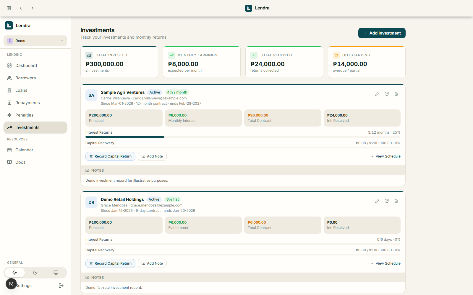 Lendra Investment page