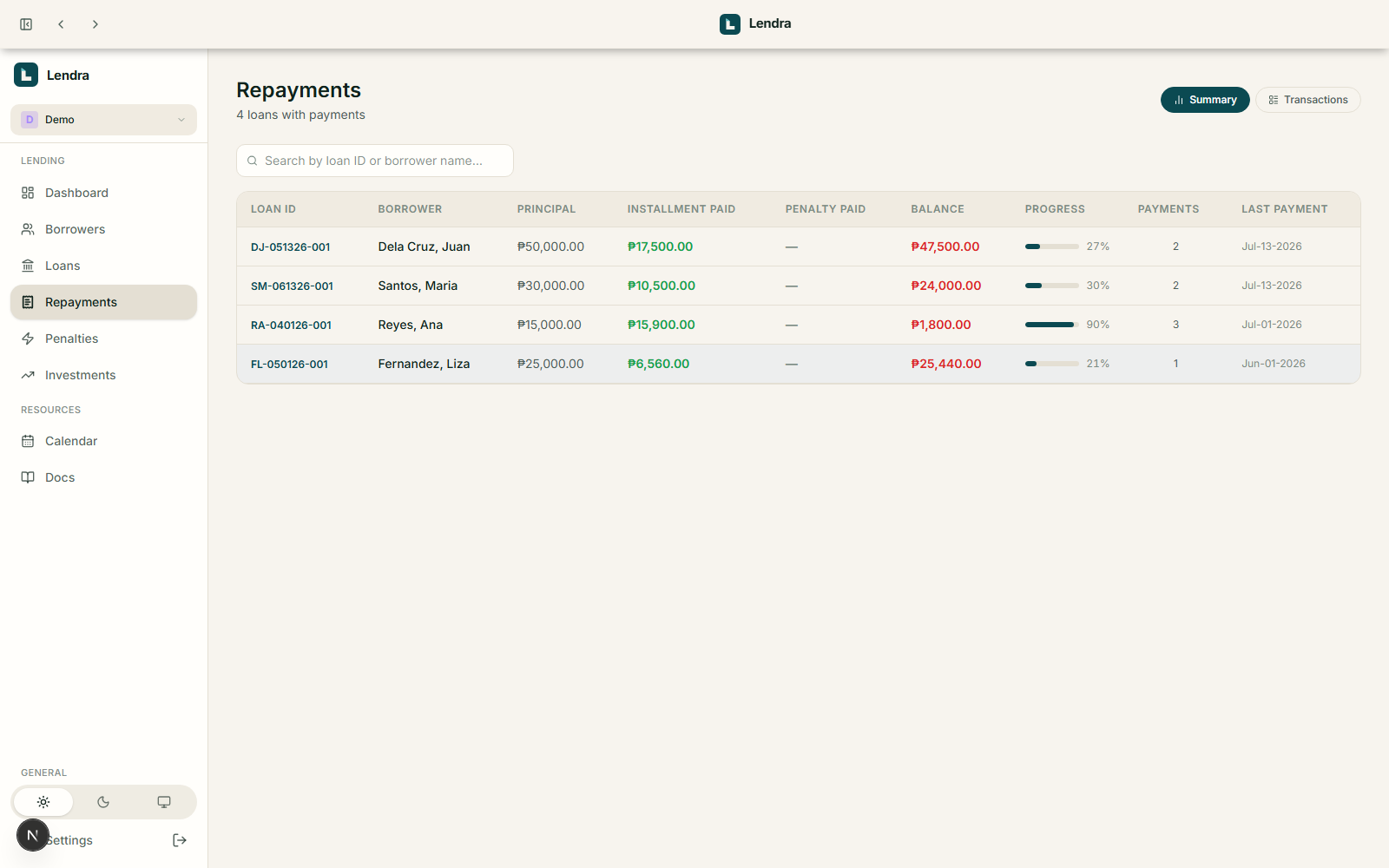 Lendra Repayments page