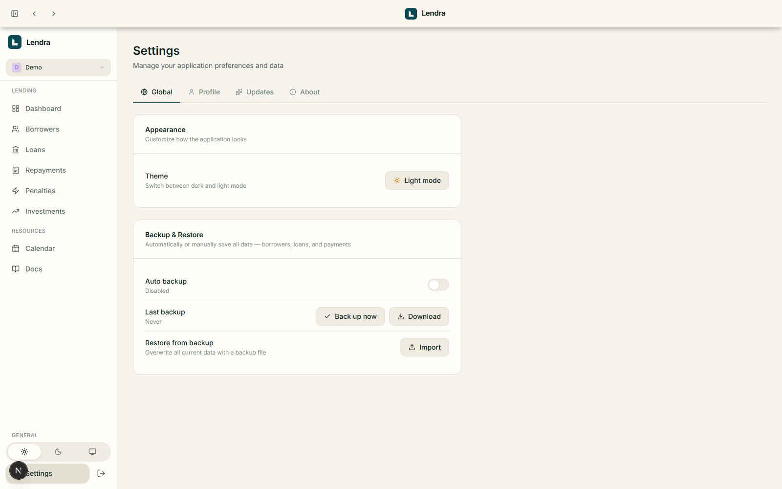 Lendra Settings screen